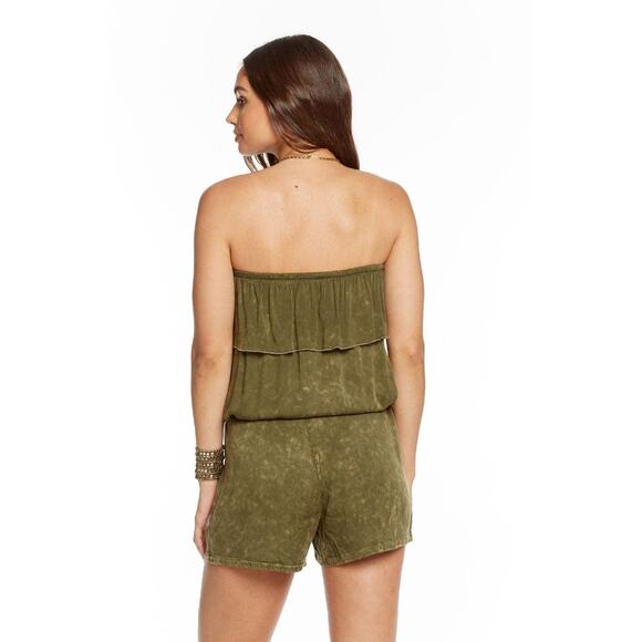 Chaser Washed Green Heirloom Ruffle Romper Strapless Size Medium - Picture 7 of 7